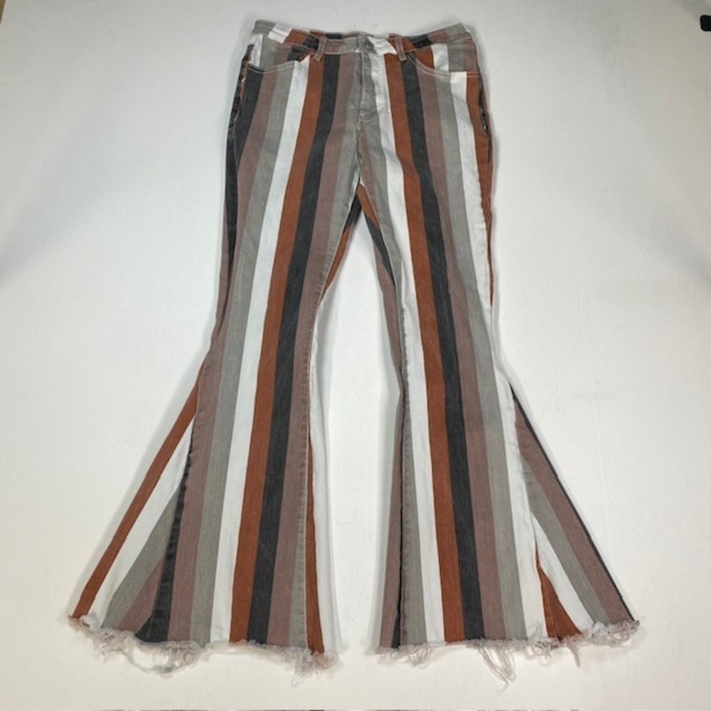 Saints & Hearts Striped Bell Bottom Jeans Rust White Grey Flare Raw Hem Medium